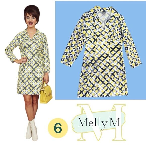 Melly M Dresses & Skirts - Melly M Women's Geometric Print 3/4 Sleeve V Neck Shift Dress Blue Yellow Size 6